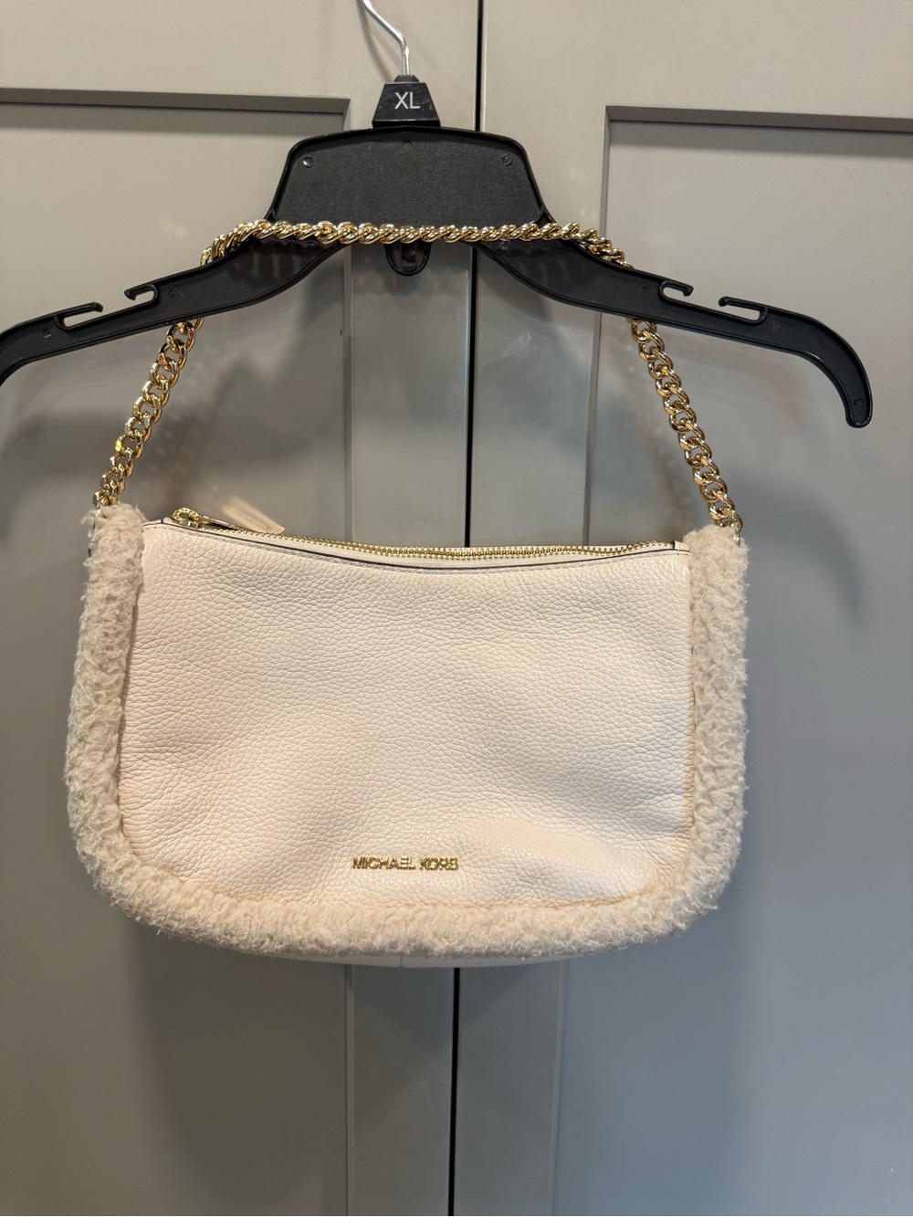 Michael Kors Cream Shearling-Trim Shoulder Bag with Gold Chain Strap